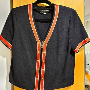 St. John Black and Red Short Sleeve Cardigan